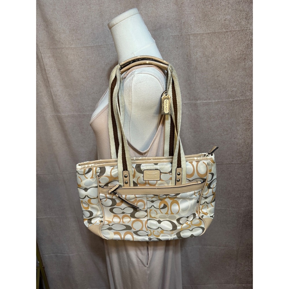 Coach Poppy Signature C Tote‎ Bag Tan Brown Gold Jacquard Shoulder Bag